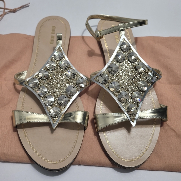 Miu Miu Shoes - Miu Miu Metallic Sandals with Crystal Embellishments